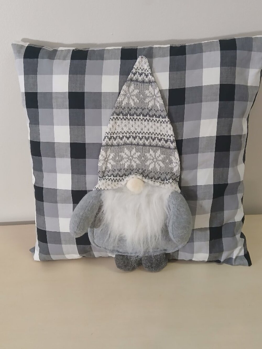 Black/white/gray checked square gnome pillow